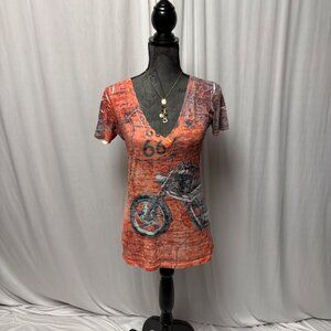 Bikachik Route 66 Motorcycle Graphic V-Neck T-Shirt Womens Size Large Burnout